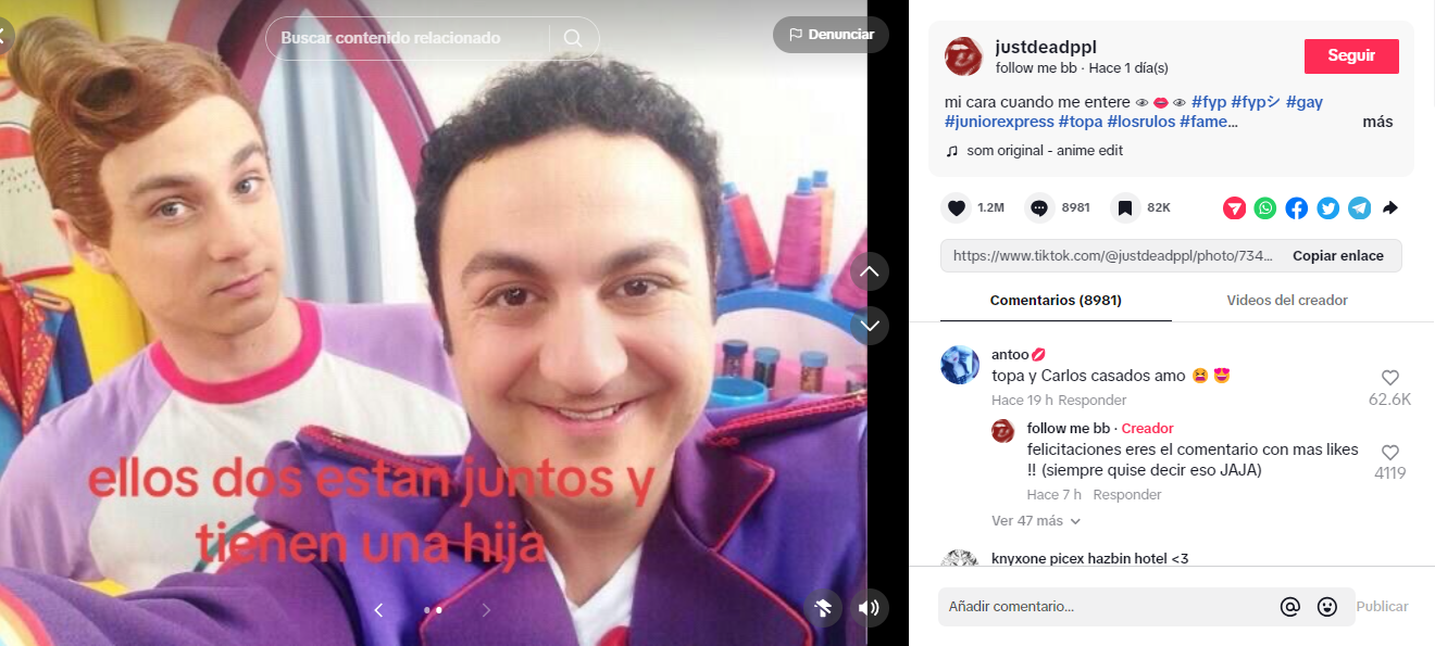 Publicación por la que usuarios comenzaron a difundir el rumor de que Diego Topa y Hugo Rodríguez son pareja. Foto: TikTok
