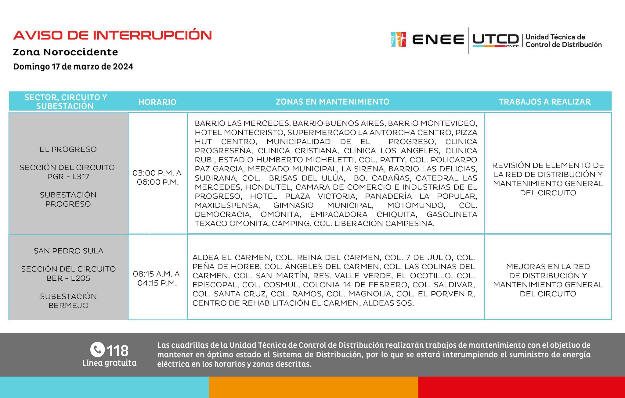 Últimos cortes de energía eléctrica programados por la ENEE para mañana domingo 17 de marzo. Foto: UTCD
