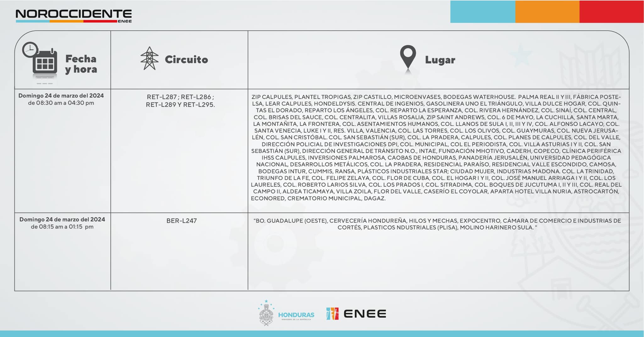 Cortes de energía eléctrica programados para mañana domingo 24 de marzo. Foto: CND