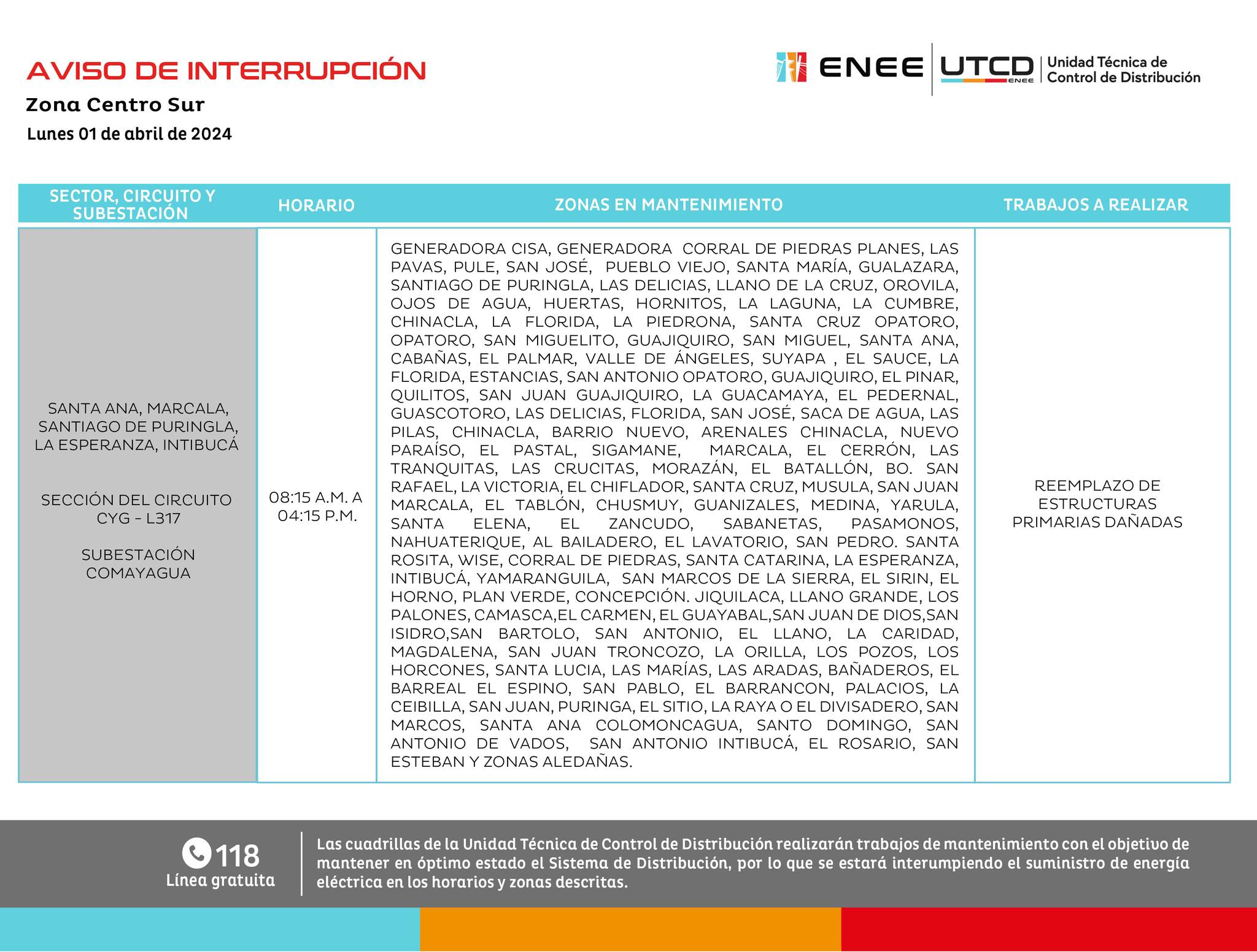 Cortes de energía eléctrica programados por la ENEE para mañana lunes 1 de abril. Foto: UTCD