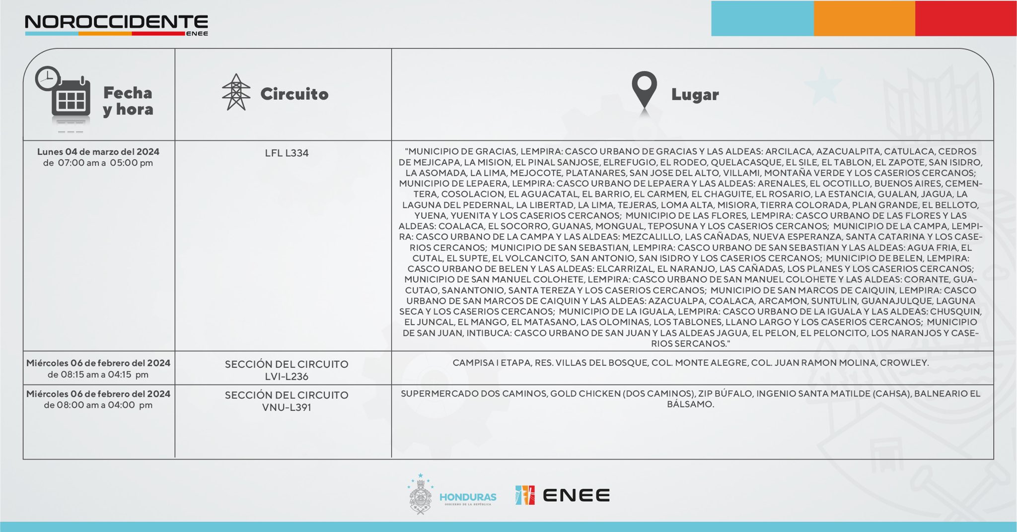 Cortes de energía eléctrica programados por la ENEE para este lunes 4 de marzo. Foto: UTCD