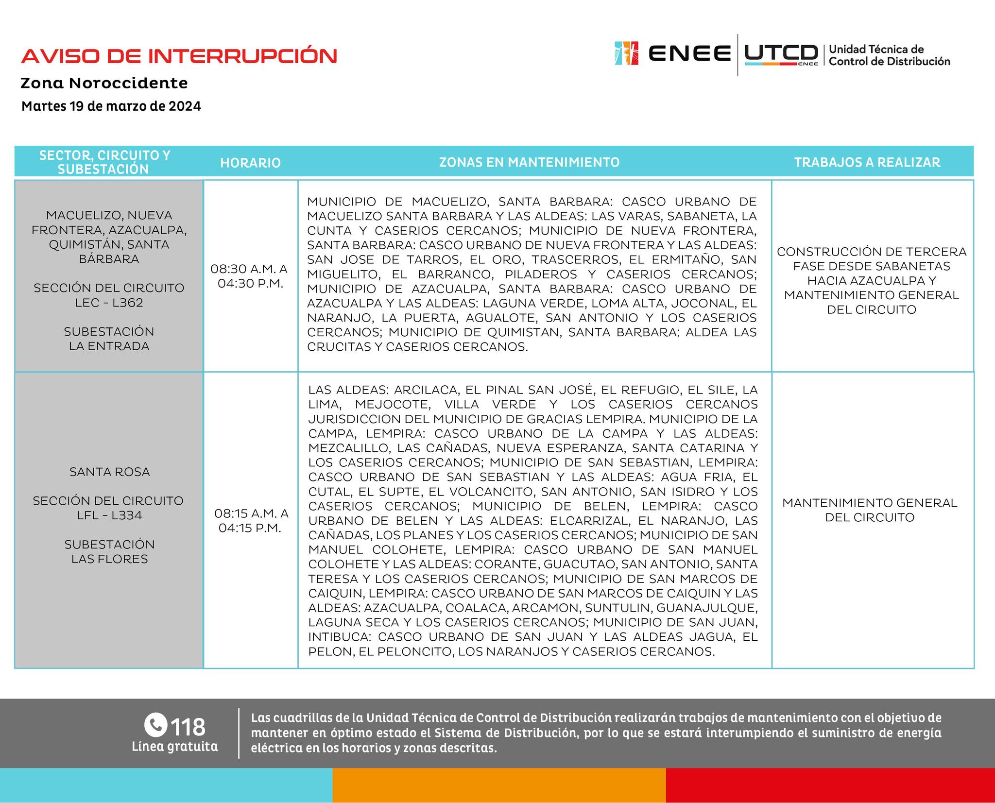Primeros cortes de energía eléctrica programados por la ENEE para el martes. Foto: UTCD