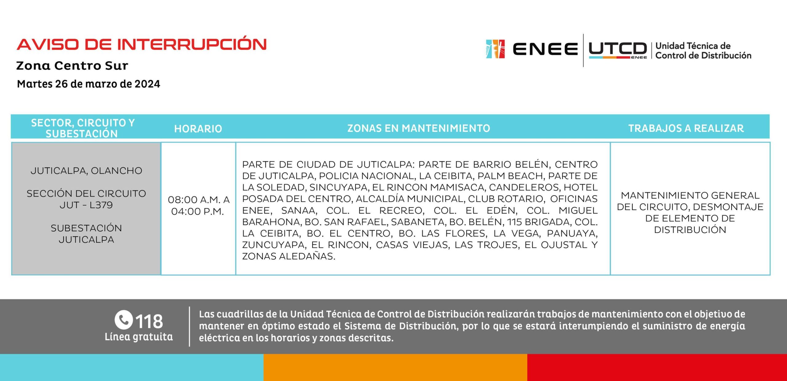 Cortes de energía eléctrica programados por la ENEE para el martes 26 de marzo. Foto: UTCD