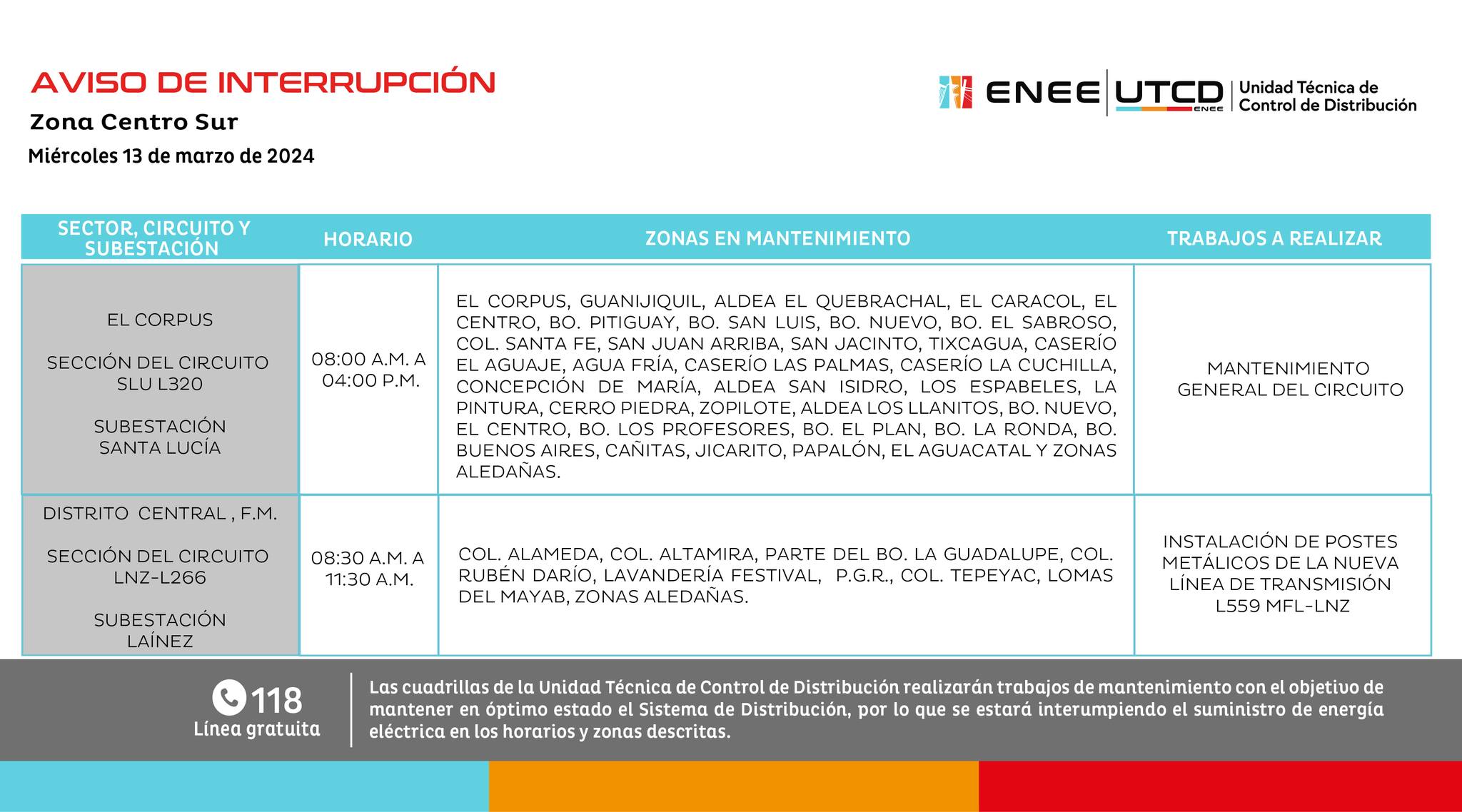 Primeros cortes de energía eléctrica programados para mañana miércoles 13 de marzo. Foto: UTCD