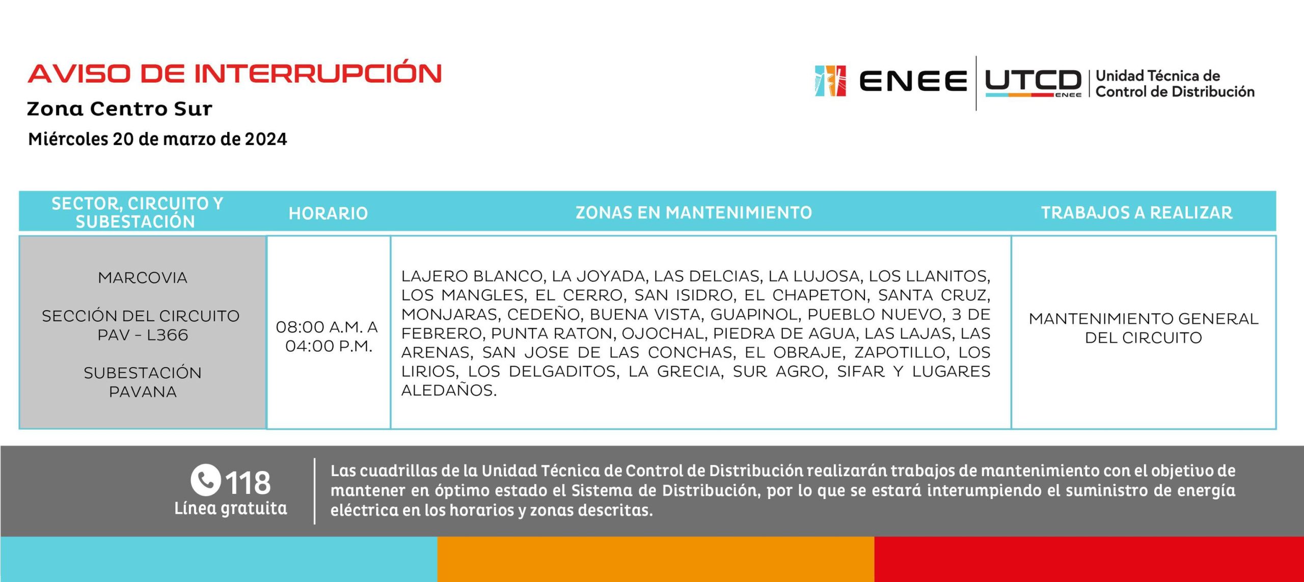 Primeros cortes de energía eléctrica programados por la ENEE para mañana miércoles 20 de marzo. Foto: UTCD