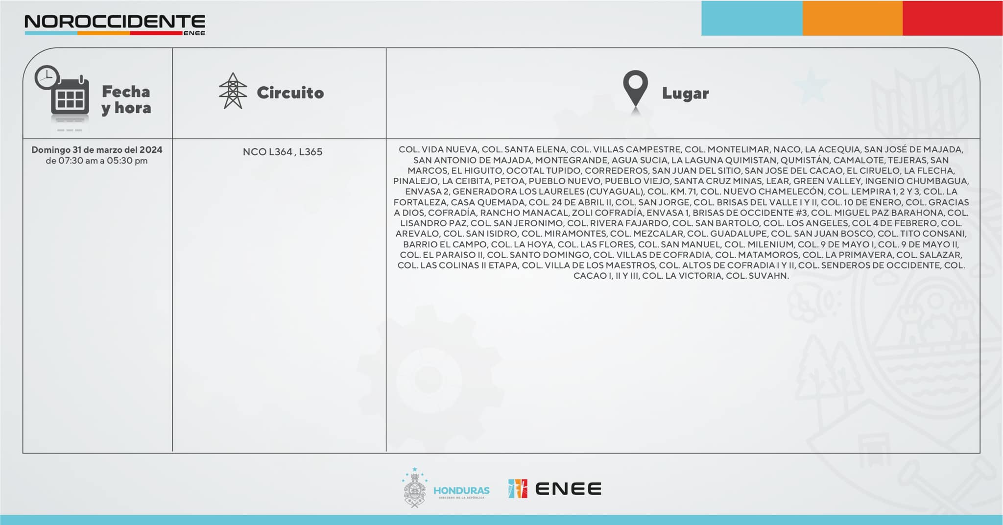 Cortes de energía eléctrica programados por la ENEE para el resto de Semana Santa 2024. Foto: UTCD