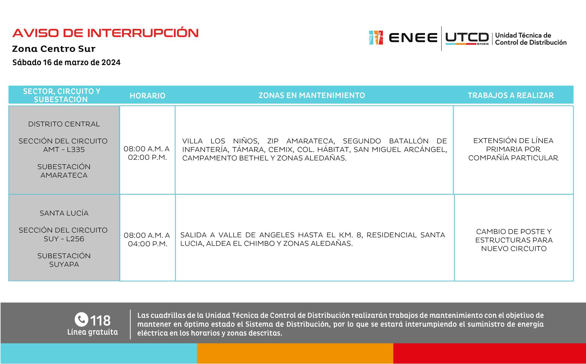 Cortes de energía eléctrica programados por la ENEE para mañana sábado 16 de marzo. Foto: UTCD
