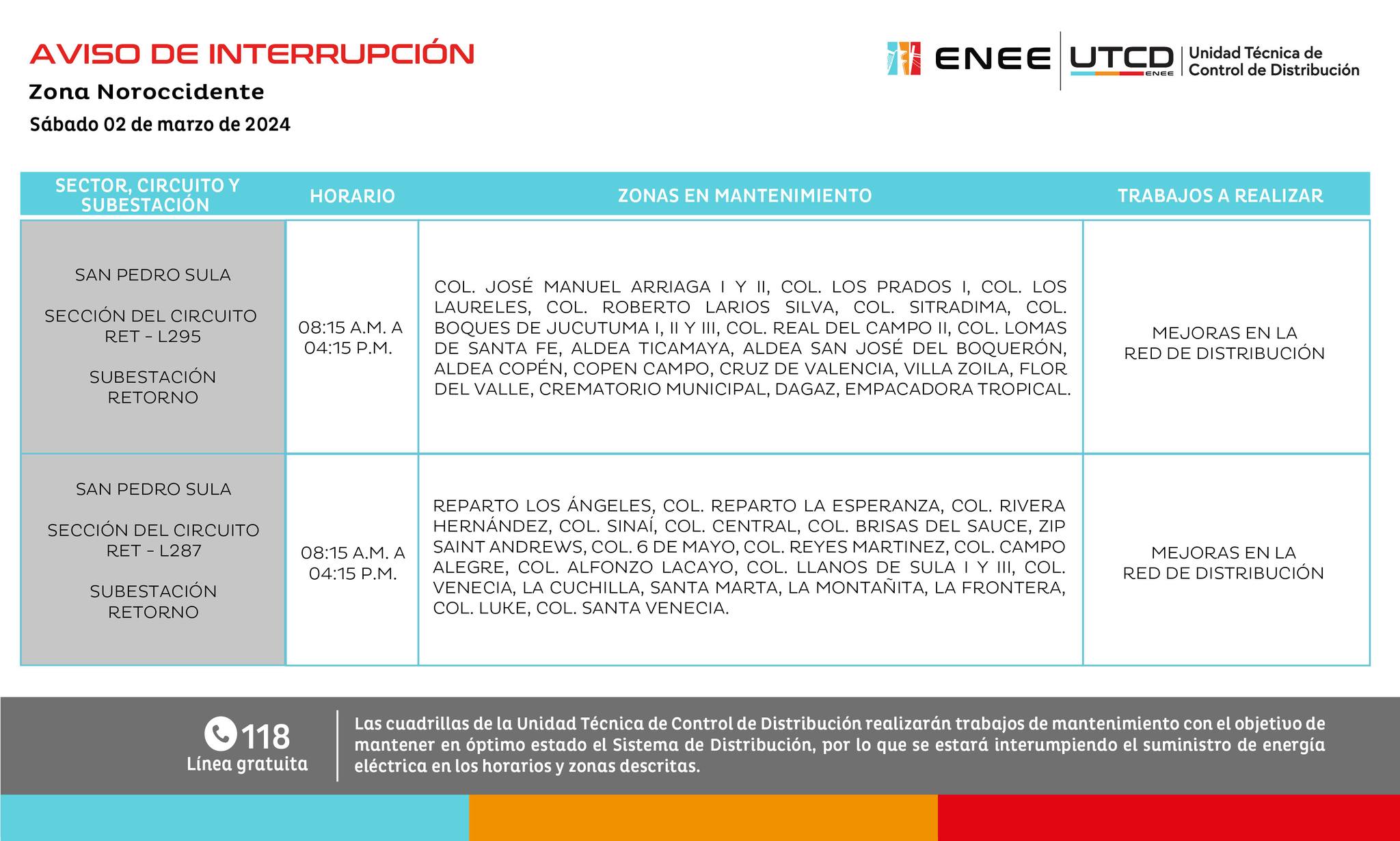 Cortes de energía eléctrica programados por la ENEE para este sábado 2 de marzo. Foto: UTCD