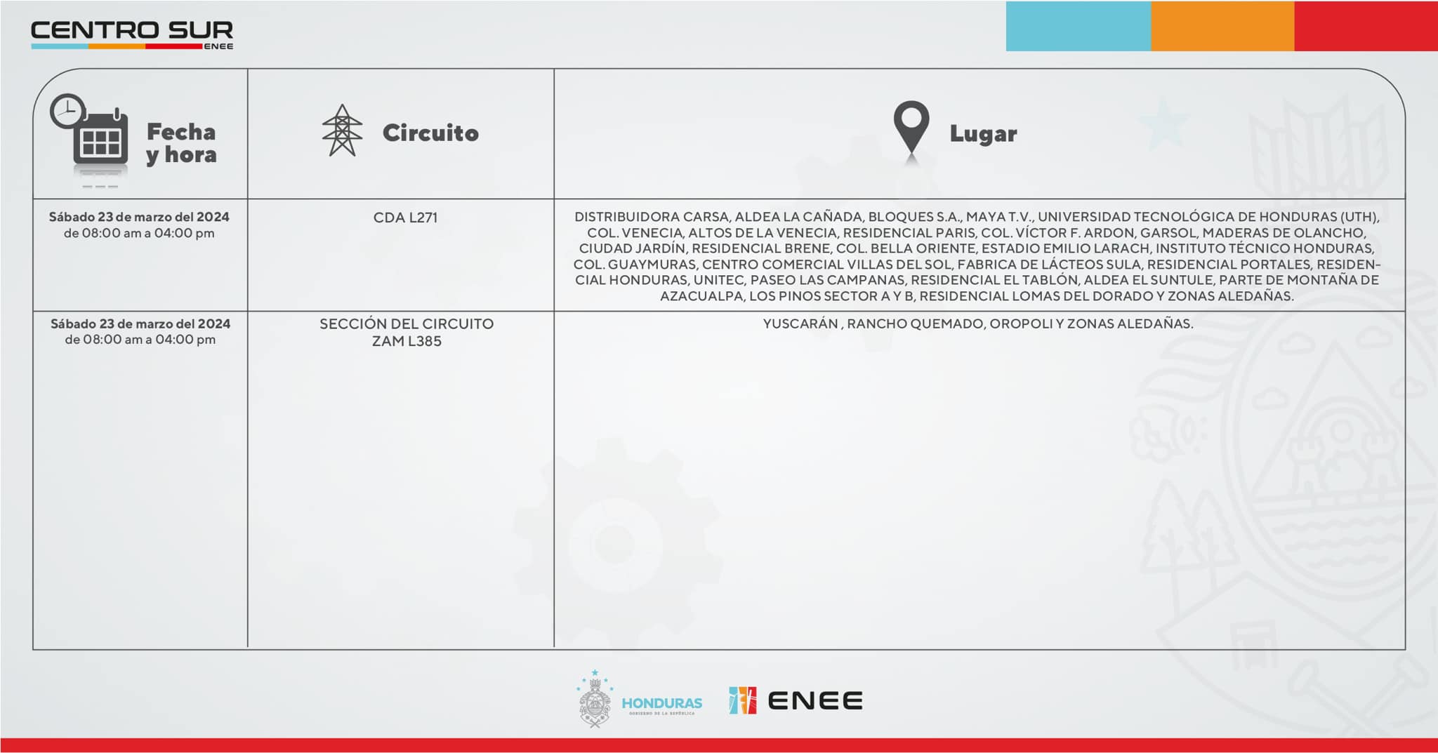 Cortes de energía eléctrica programados en el Distrito Central y en El Paraíso. Foto: CND