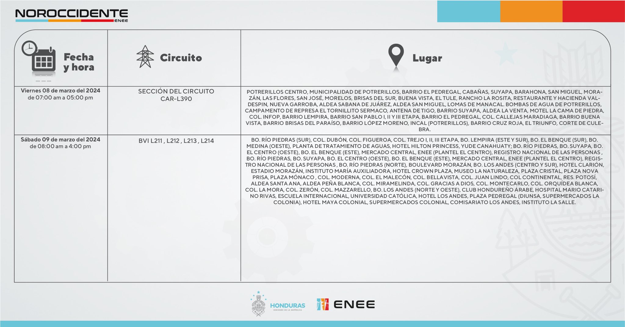 Cortes de energía eléctrica programados por la ENEE para este sábado 9 de marzo. Foto: UTCD