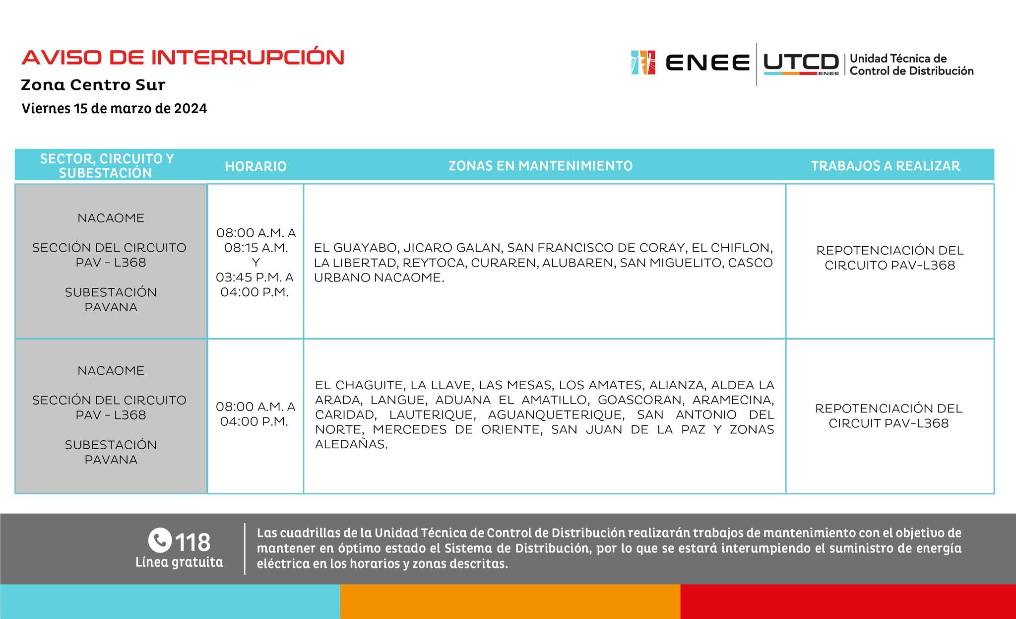 Cortes de energía eléctrica programados para mañana en Nacaome, Valle. Foto: UTCD