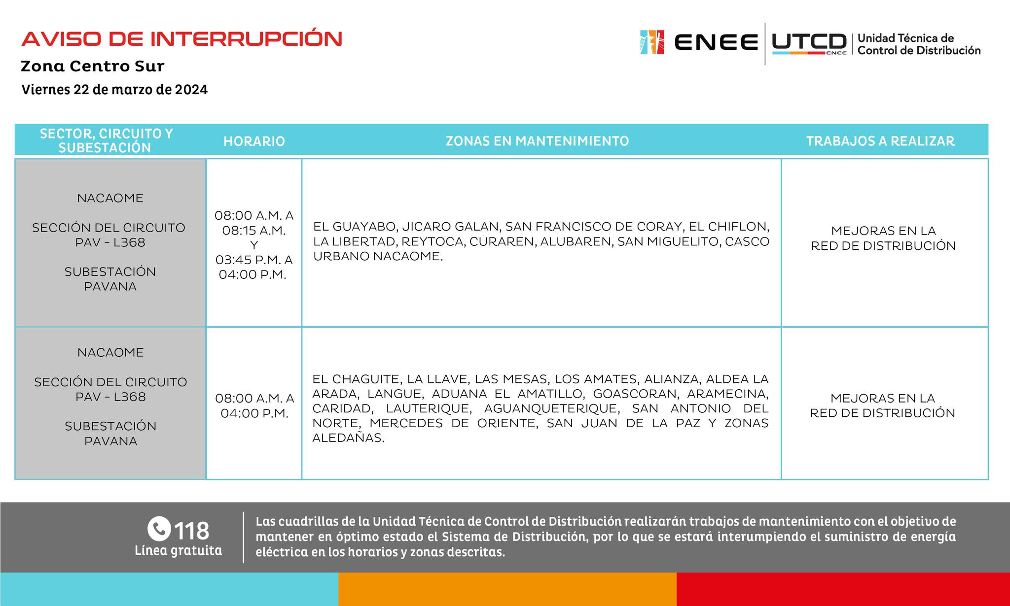 Primeros cortes de energía eléctrica programados para mañana viernes 22 de marzo. Foto: UTCD