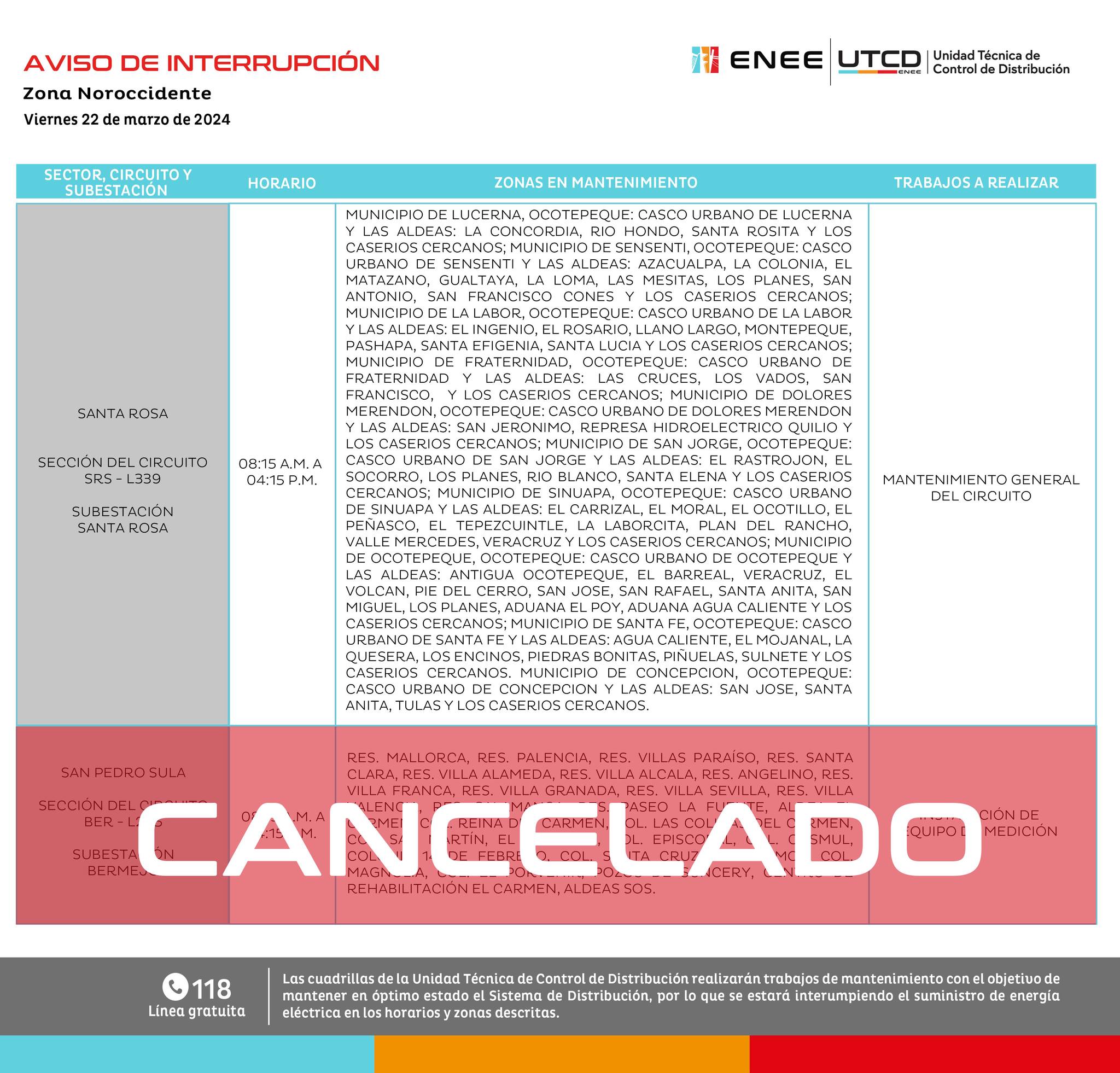 Últimos cortes de energía eléctrica programados para mañana viernes 22 de marzo. Foto: UTCD