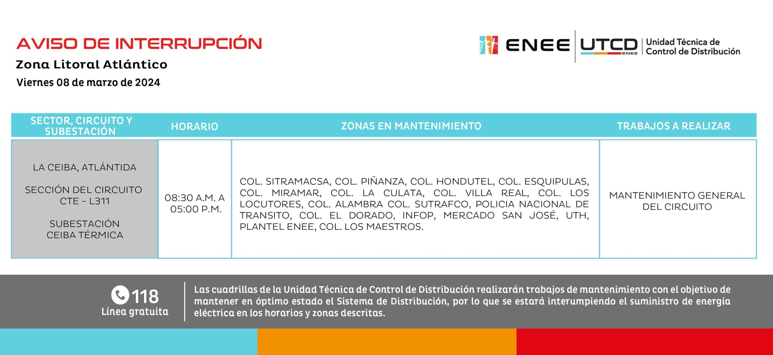 Cortes de energía eléctrica programados en La Ceiba para este viernes 8 de marzo. Foto: UTCD