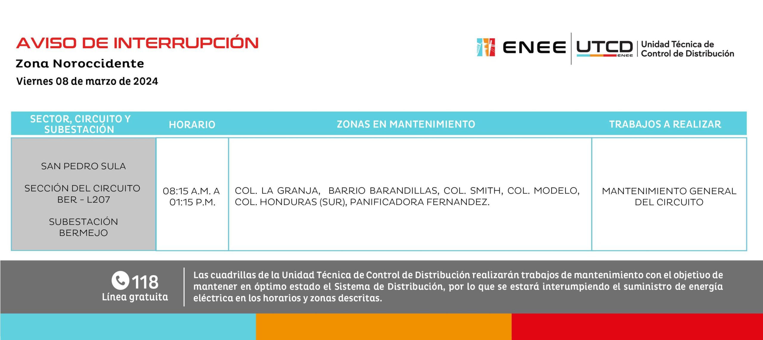 Cortes de energía eléctrica programados por la ENEE para este viernes 8 de marzo. Foto: UTCD