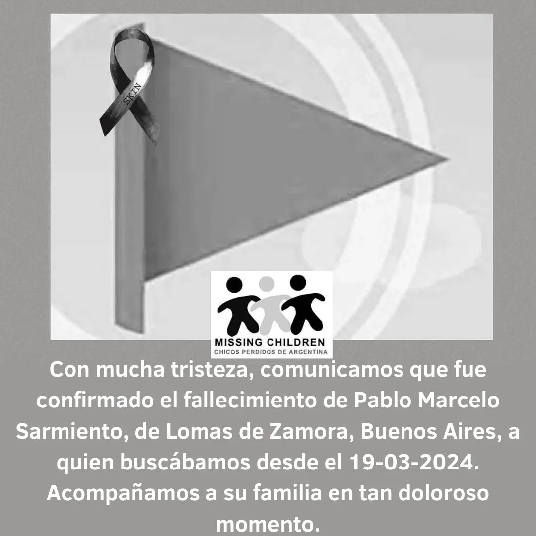 Comunicado sobre el fallecimiento de Pablo Sarmiento. Foto: Missing Children Argentina