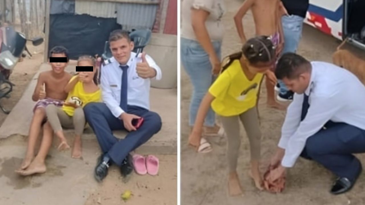 Conductor de bus al terminar su ruta, regaló sandalias a niños descalzos que encontró en la calle