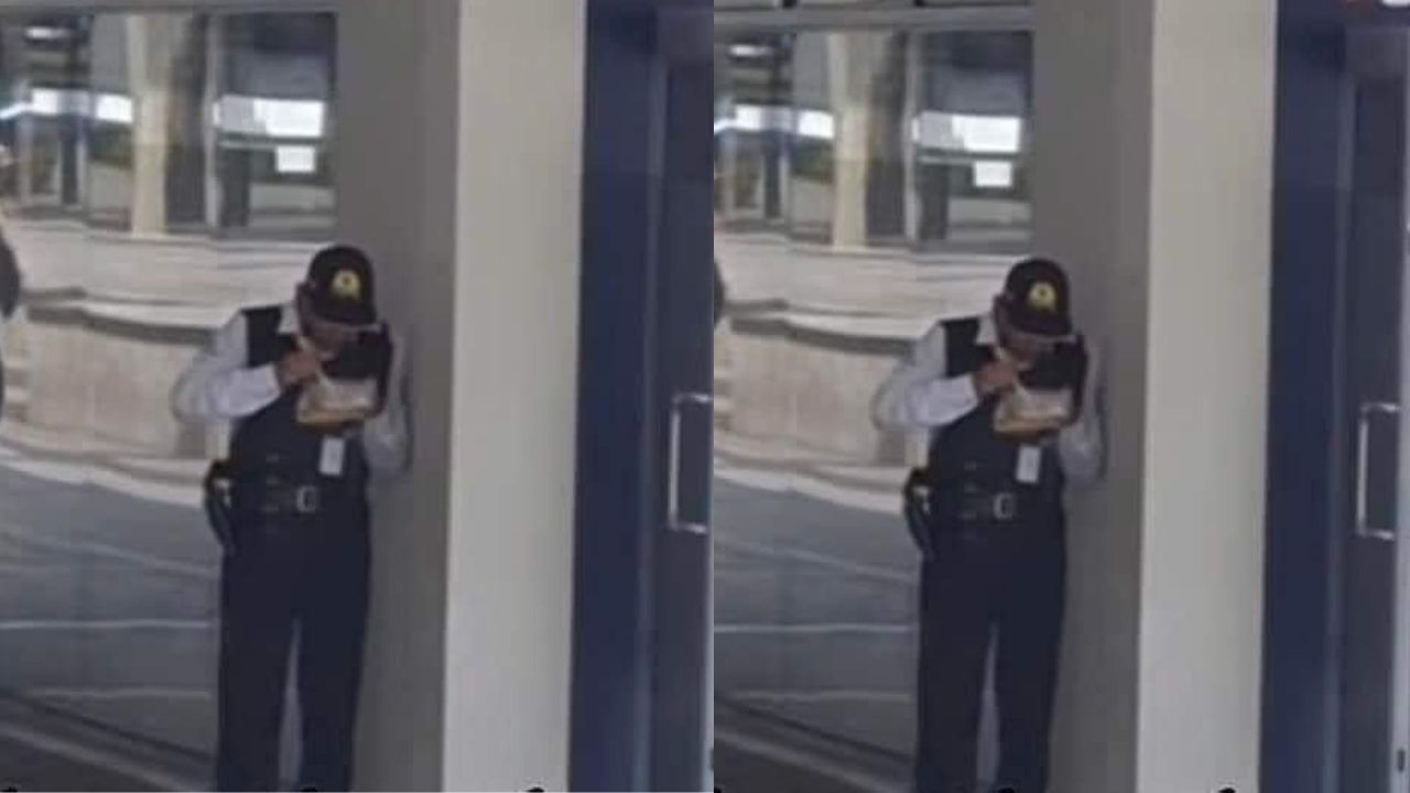 'El tiempo de comer es sagrado', critican imagen de guardia de seguridad almorzando de pie
