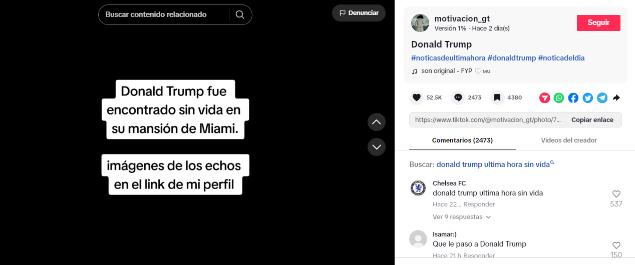 Publicación donde se indica que, supuestamente, Donald Trump falleció en 2024. Foto: TikTok