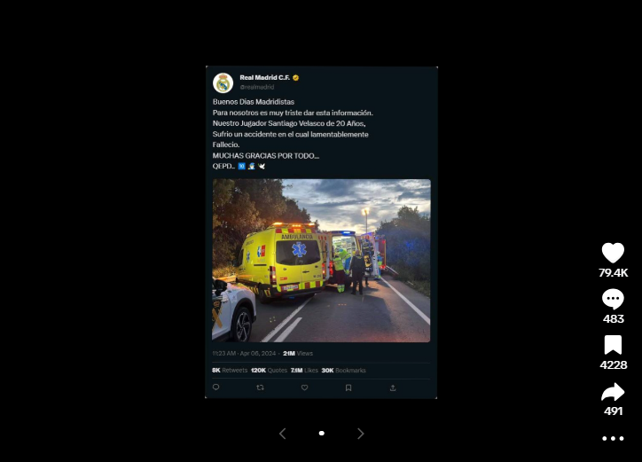 Publicación sobre el supuesto jugador Santiago Velasco. Foto: TikTok