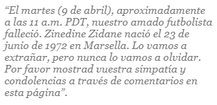 Lo que se lee en una de las supuestas publicaciones sobre la falsa muerte de Zinedine Zidane. Foto: MediaMass
