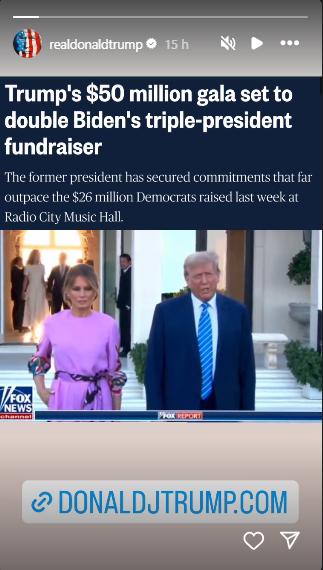 Última historia de Donald Trump en redes sociales. Foto: Instagram