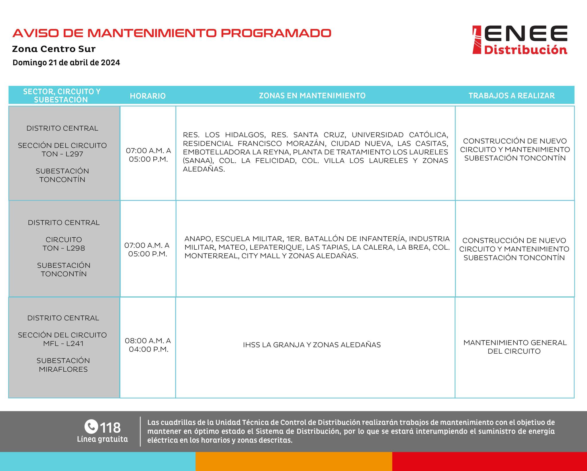 Primeros cortes de energía eléctrica programados para mañana en el Distrito Central. Foto: UTCD