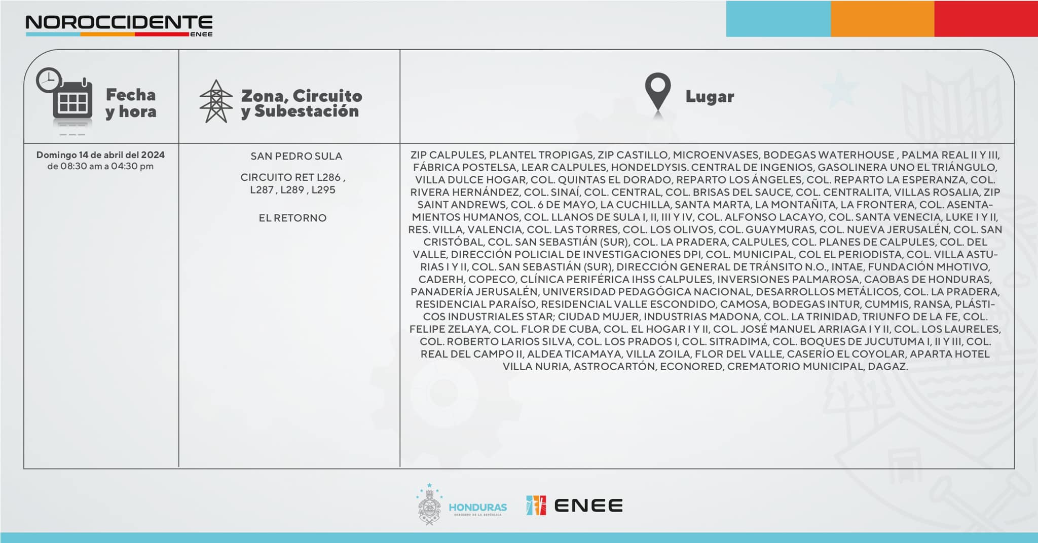 Cortes de energía eléctrica programados en San Pedro Sula. Foto: UTCD