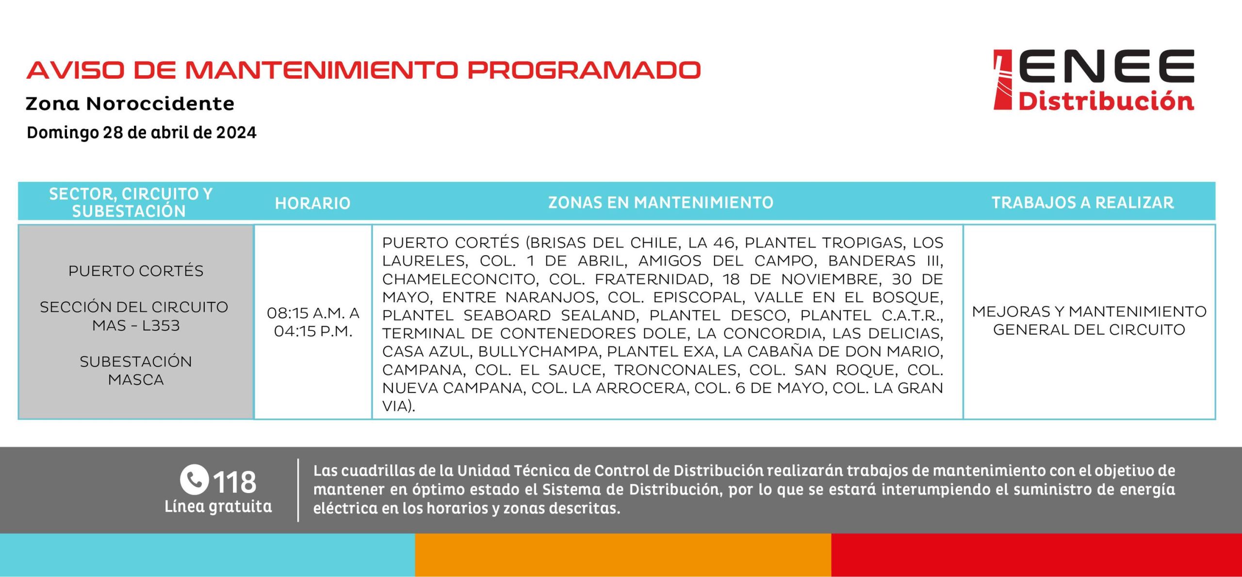 Zonas que estarán sin energía eléctrica mañana domingo 28 de abril. Foto: ENEE Distribución