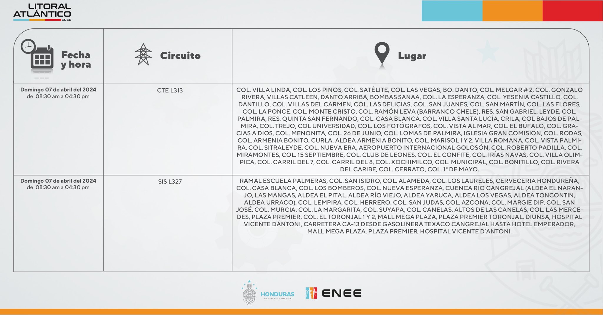 Penúltimos cortes de energía eléctrica programados para este domingo 7 de abril en el litoral atlántico. Foto: CND