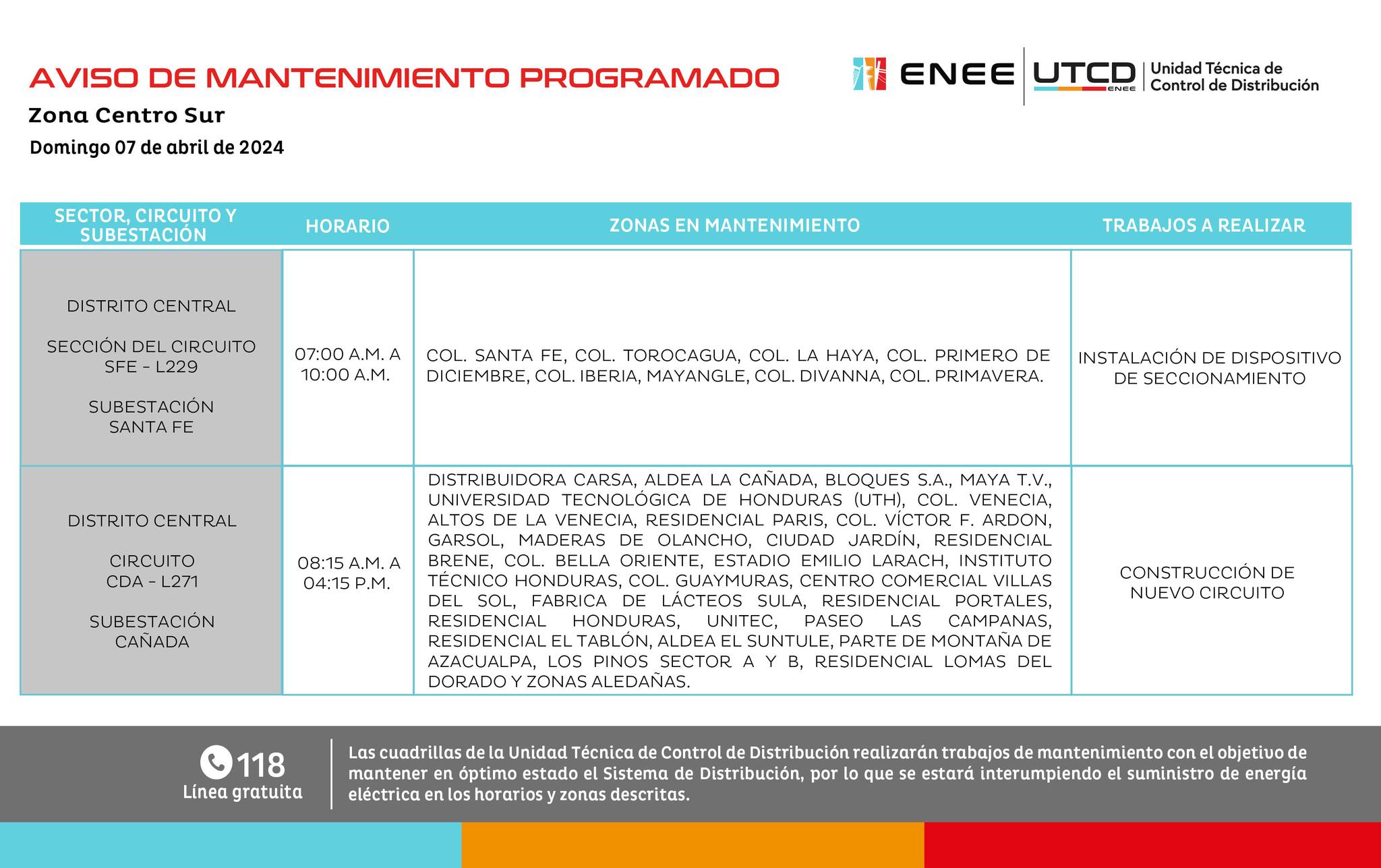 Cortes de energía eléctrica programados por la ENEE para el domingo 7 de abril. Foto: UTCD