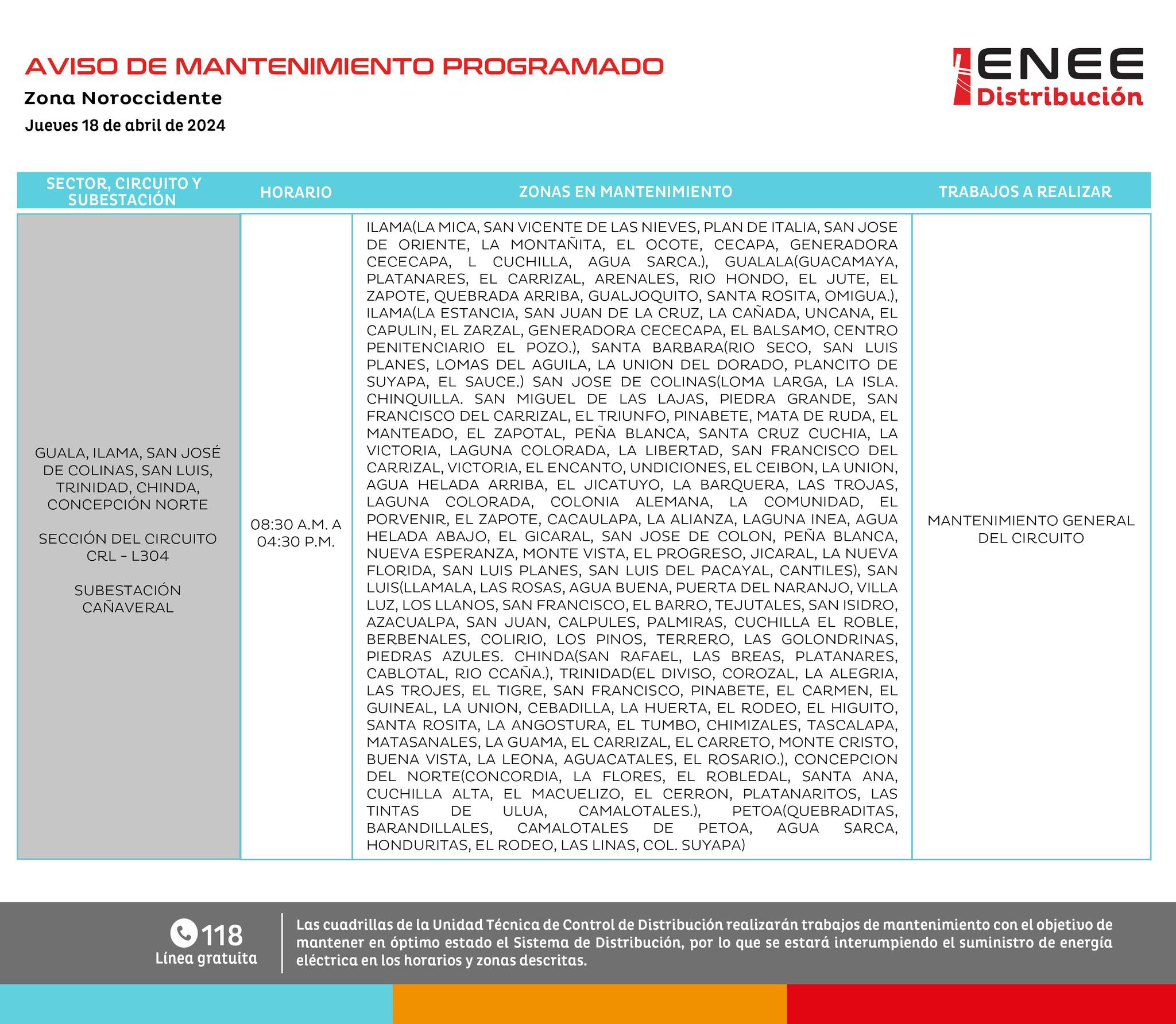 Cortes de energía eléctrica programados por la ENEE para mañana en Santa Bárbara. Foto: UTCD