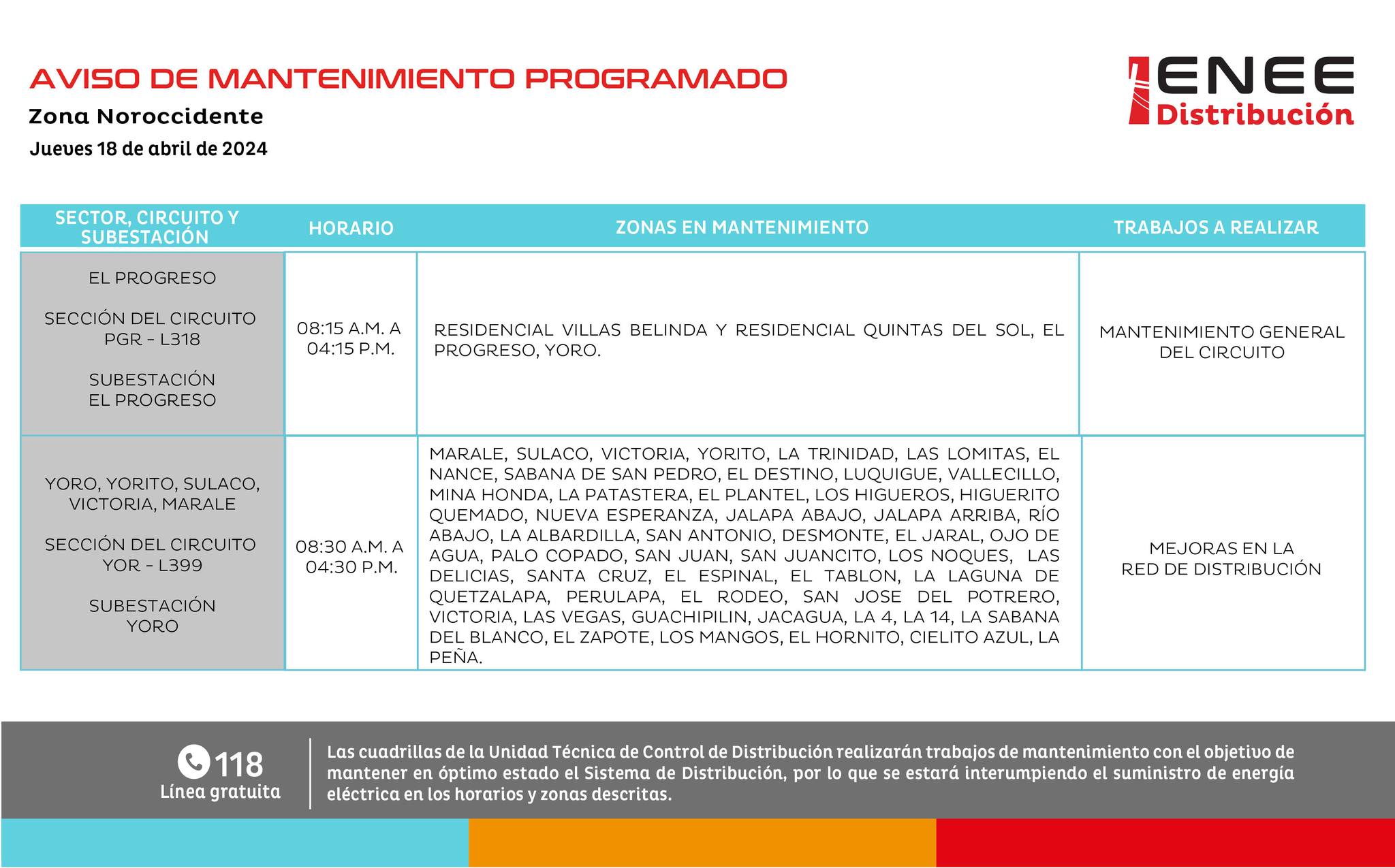 Cortes de energía eléctrica programados por la ENEE para mañana en Yoro. Foto: UTCD
