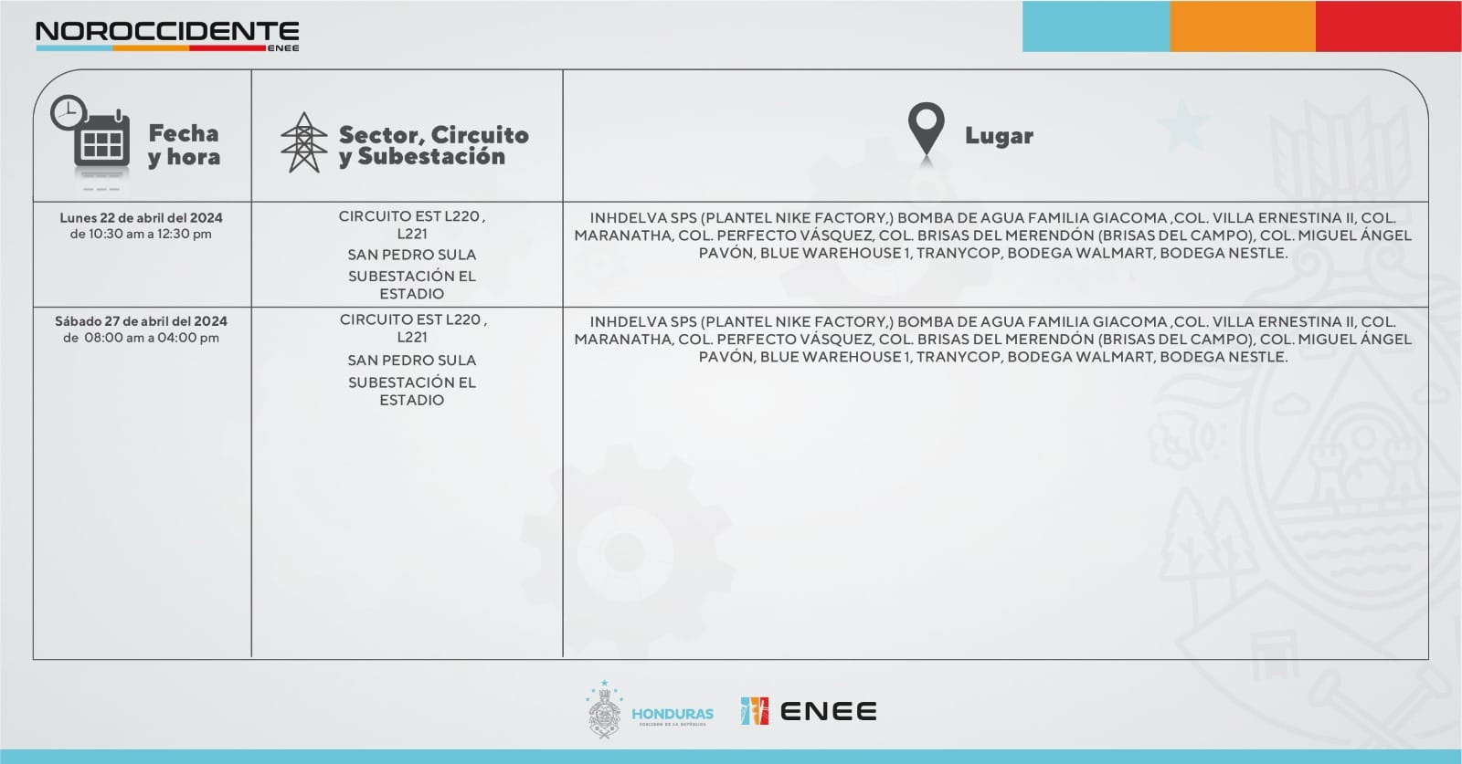 Cortes de energía eléctrica programados por la ENEE para mañana lunes 22 de abril. Foto: CND