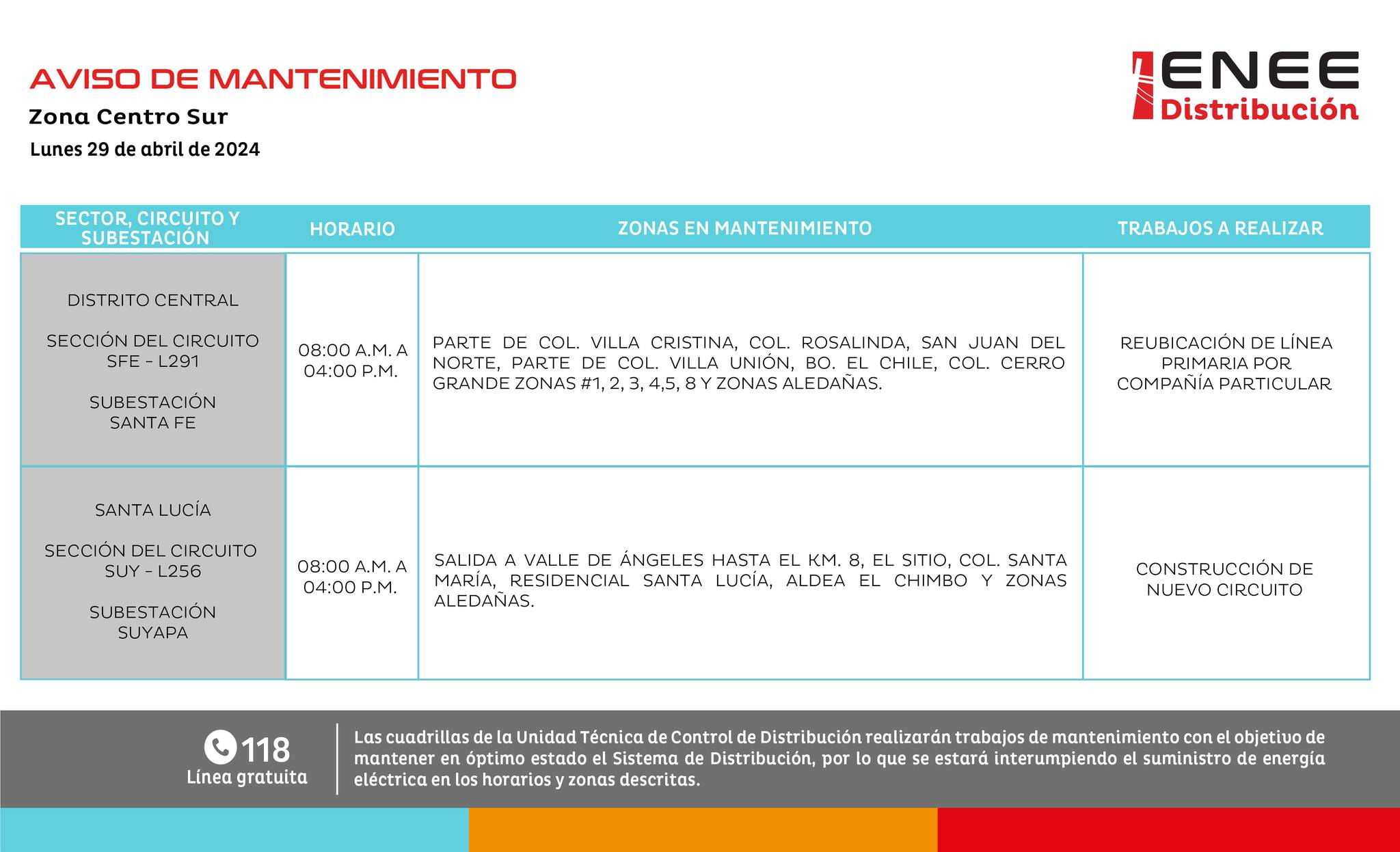 Zonas sin energía eléctrica mañana lunes en Francisco Morazán. Foto: ENEE