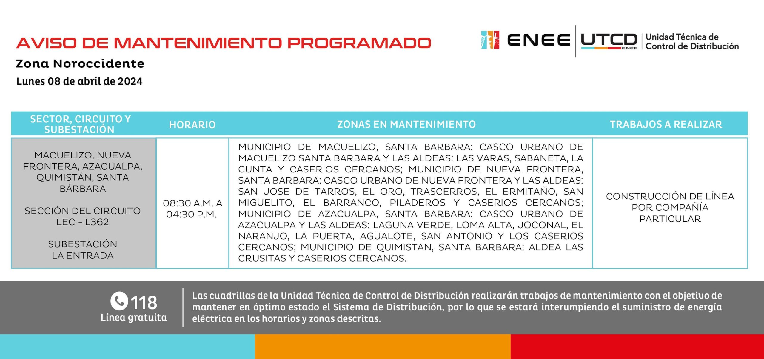 Cortes de energía eléctrica programados por la ENEE para este lunes 8 de abril. Foto: UTCD