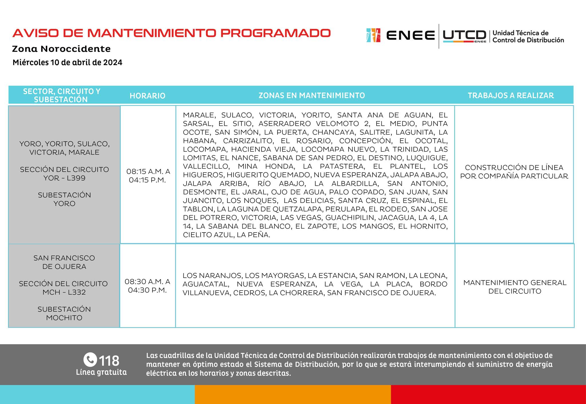 Cortes de energía eléctrica programados por la ENEE para mañana miércoles 10 de abril. Foto: UTCD
