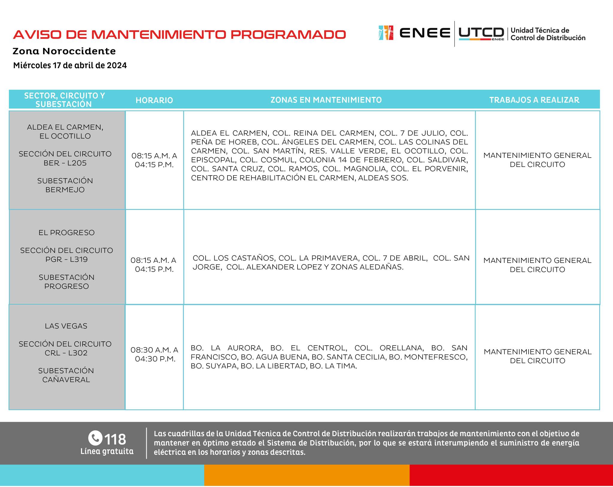 Otros cortes de energía eléctrica programados para mañana miércoles 17 de abril. Foto: UTCD