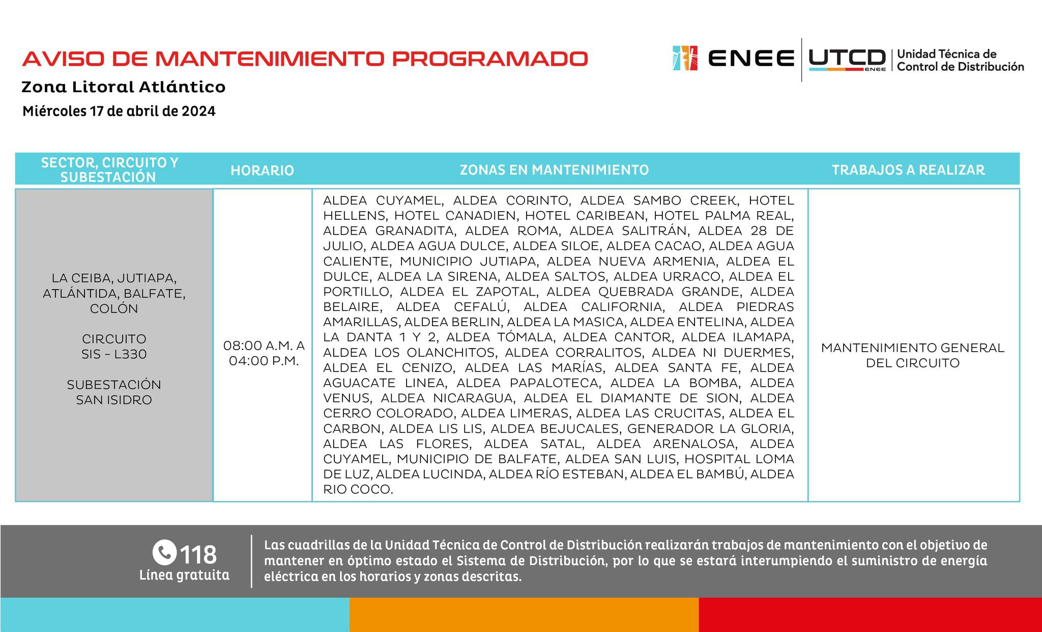 Últimos cortes de energía eléctrica programados para mañana miércoles 17 de abril. Foto: UTCD