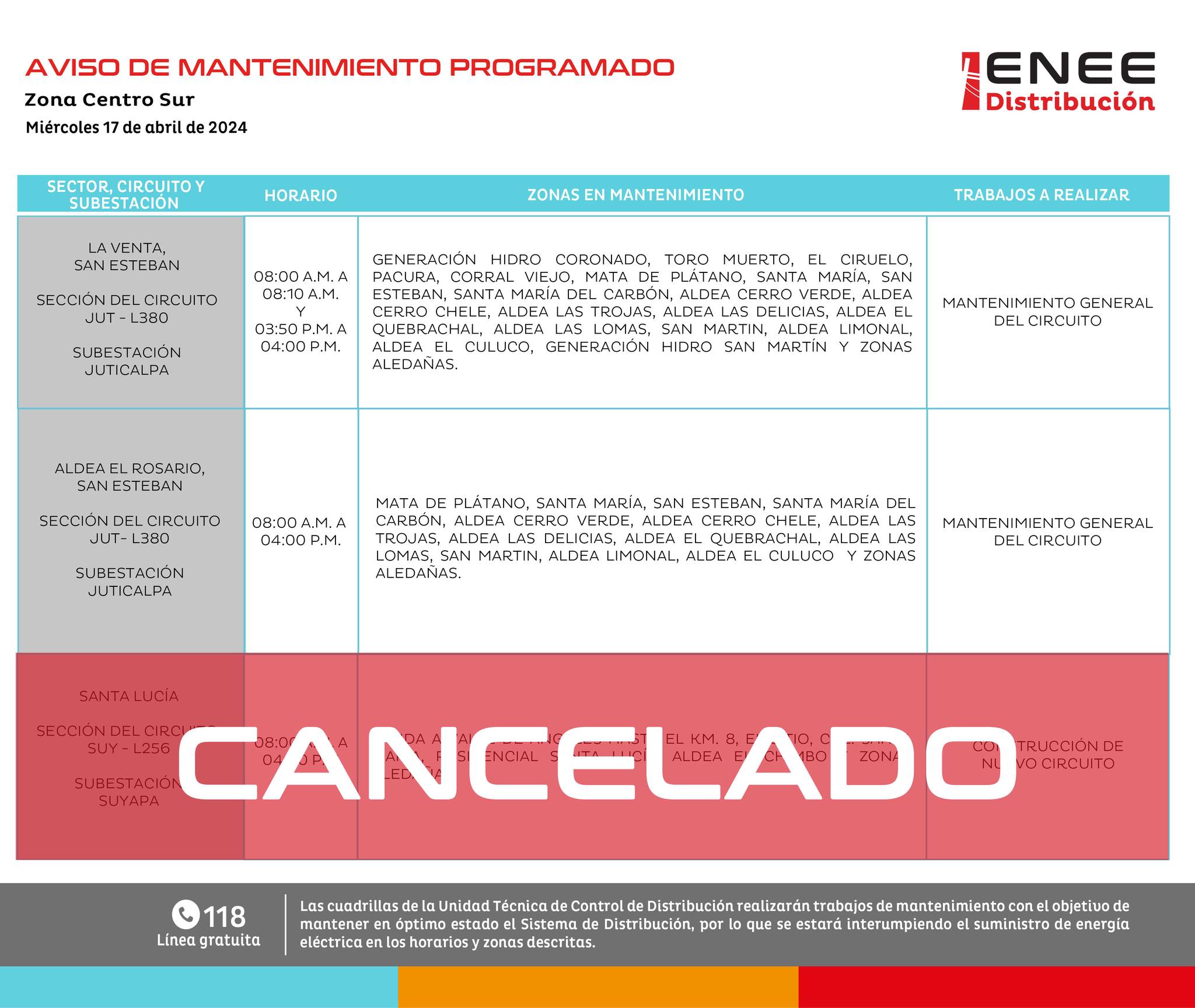 Primeros cortes de energía eléctrica programados para mañana miércoles 17 de abril. Foto: UTCD