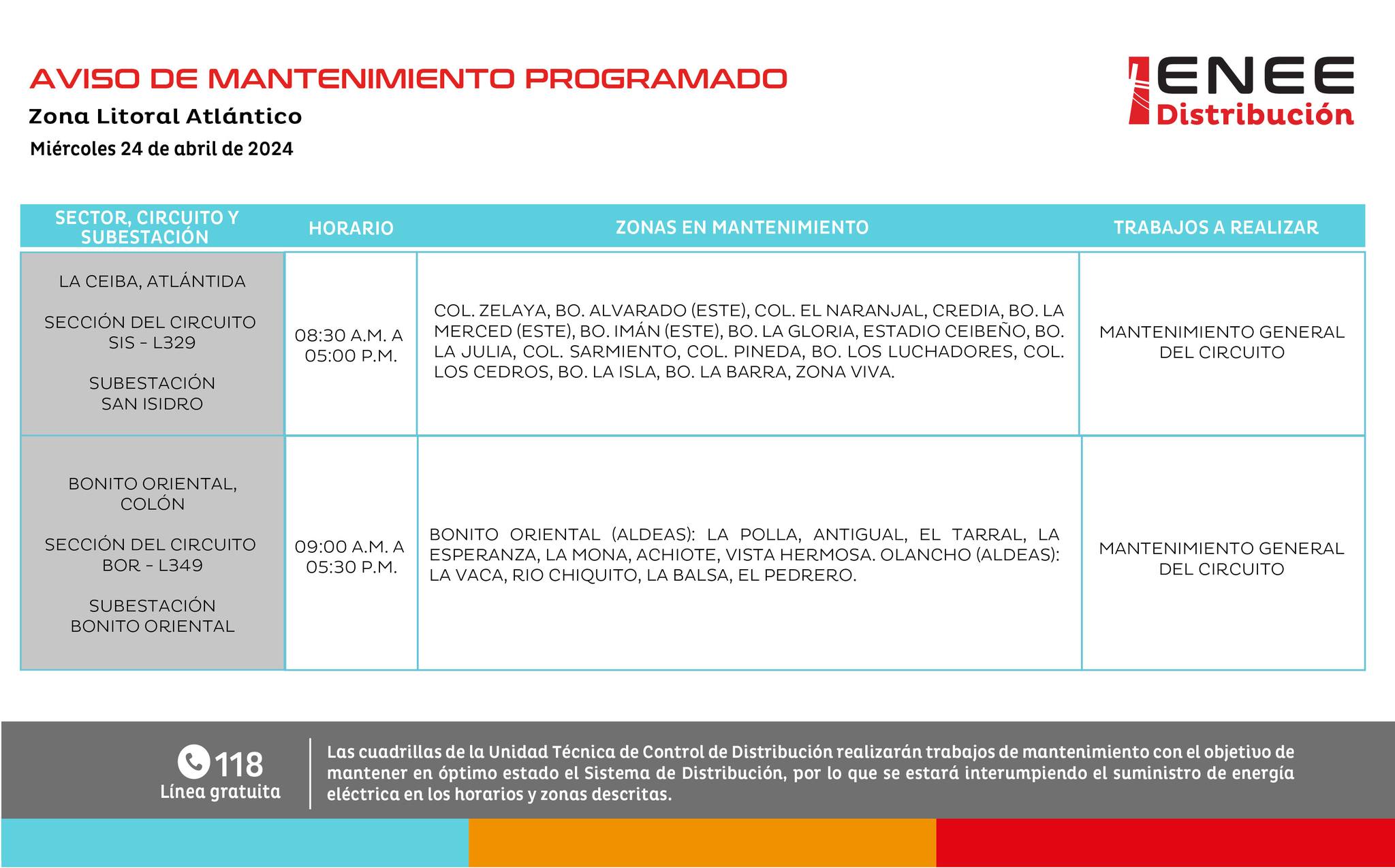 Cortes de energía eléctrica programados para mañana en La Ceiba y Bonito Oriental. Foto: UTCD