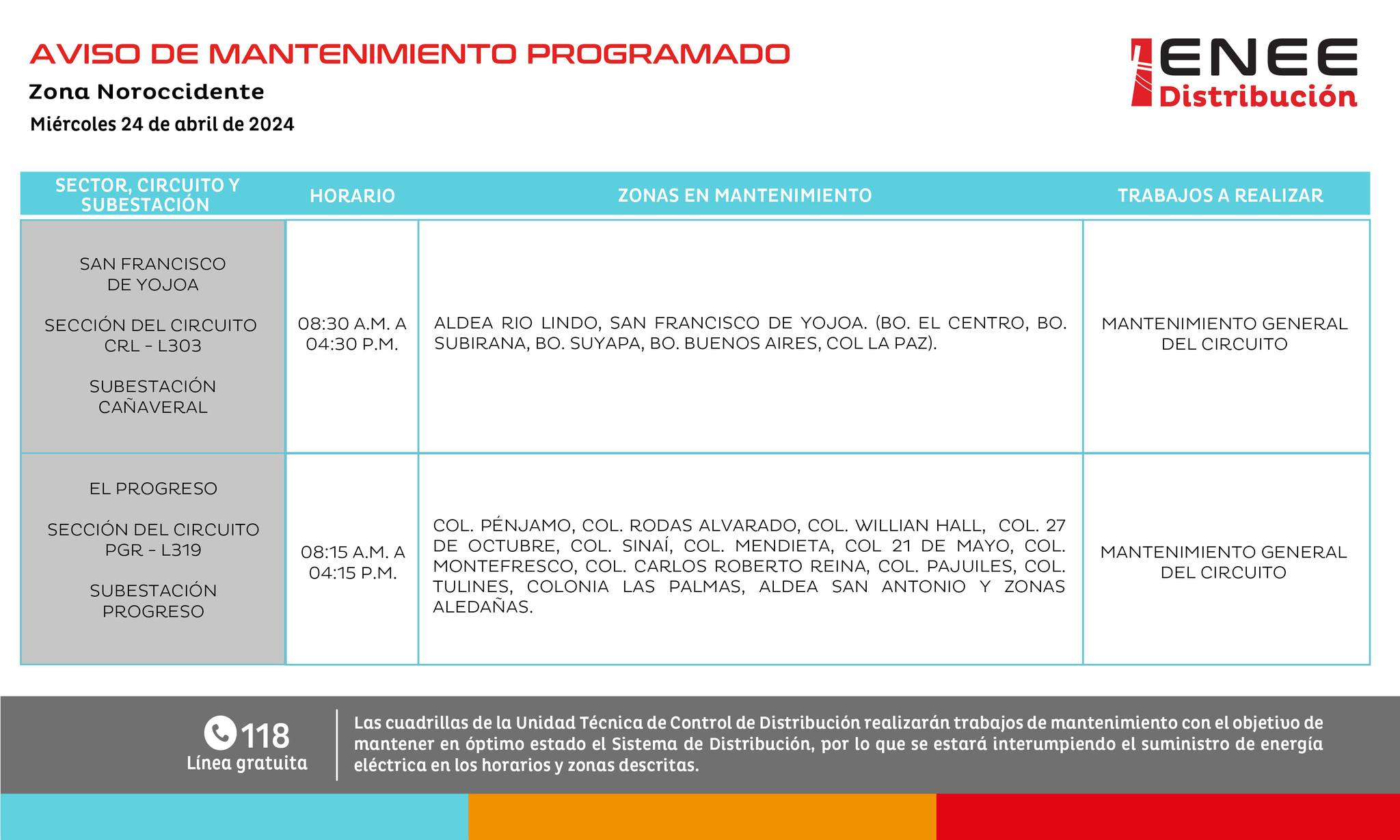 Cortes de energía eléctrica programados para mañana en San Francisco de Yojoa y El Progreso. Foto: UTCD
