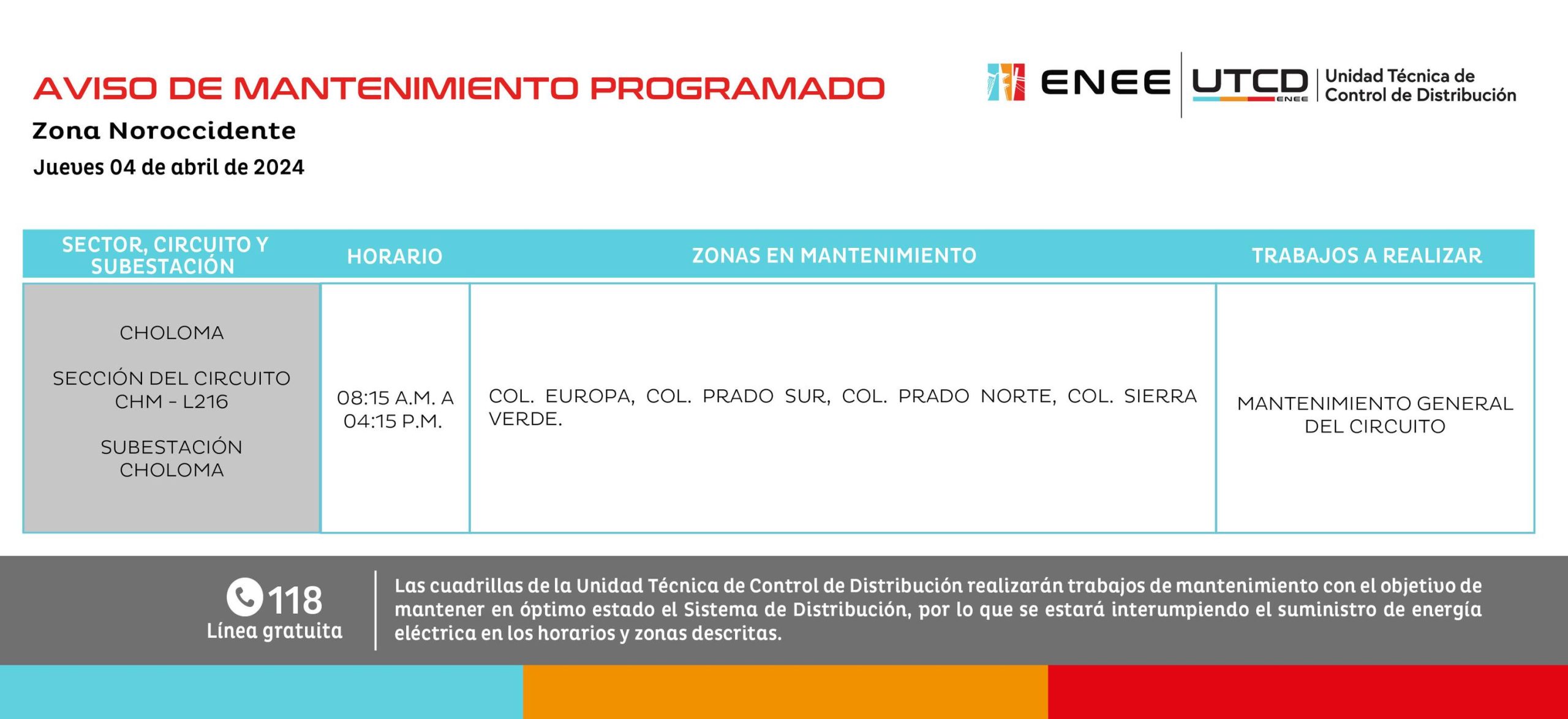 Cortes de energía eléctrica programados por la ENEE para mañana jueves 4 de abril. Foto: UTCD