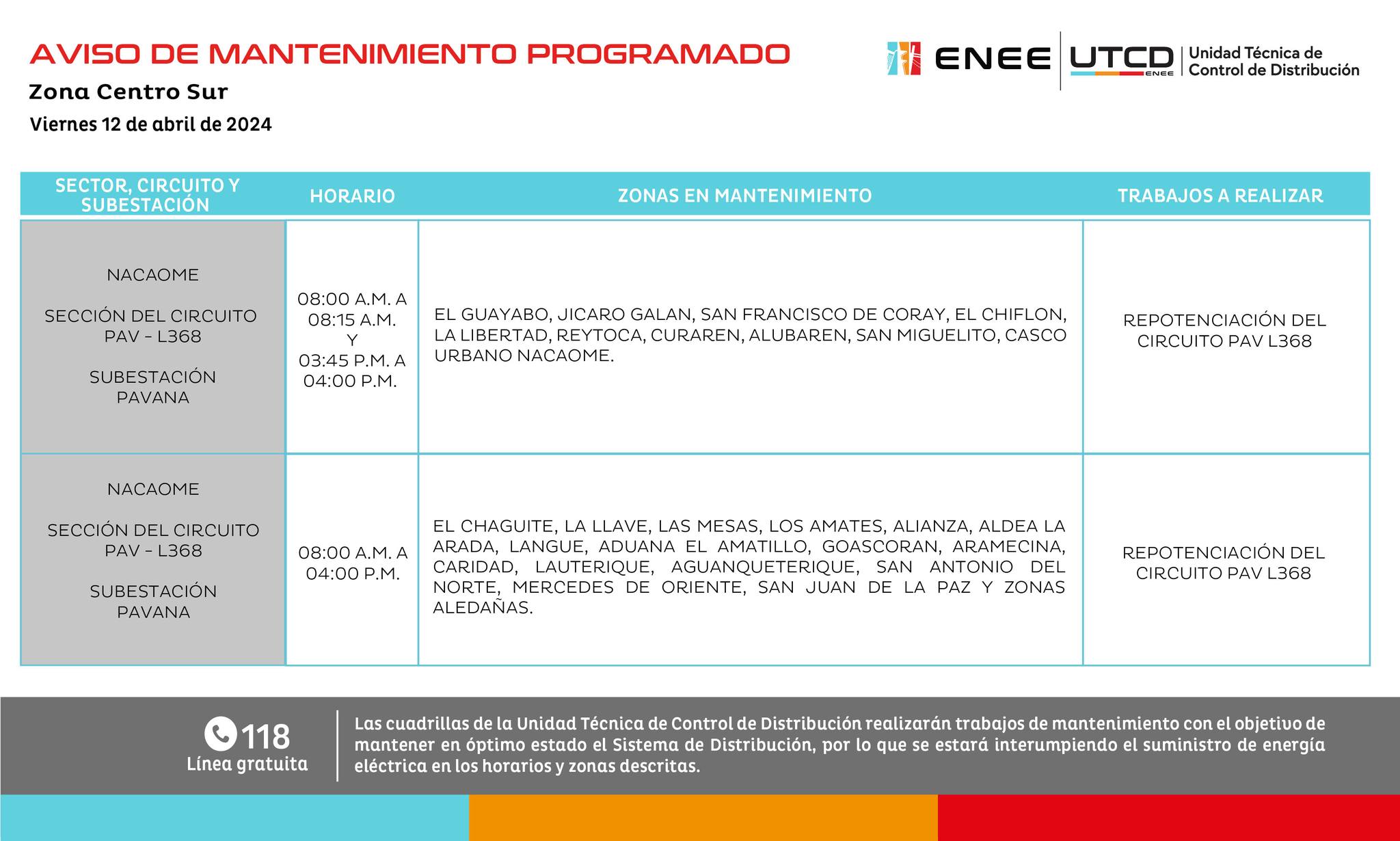 Cortes de energía eléctrica programados para mañana viernes 12 de abril. Foto: UTCD