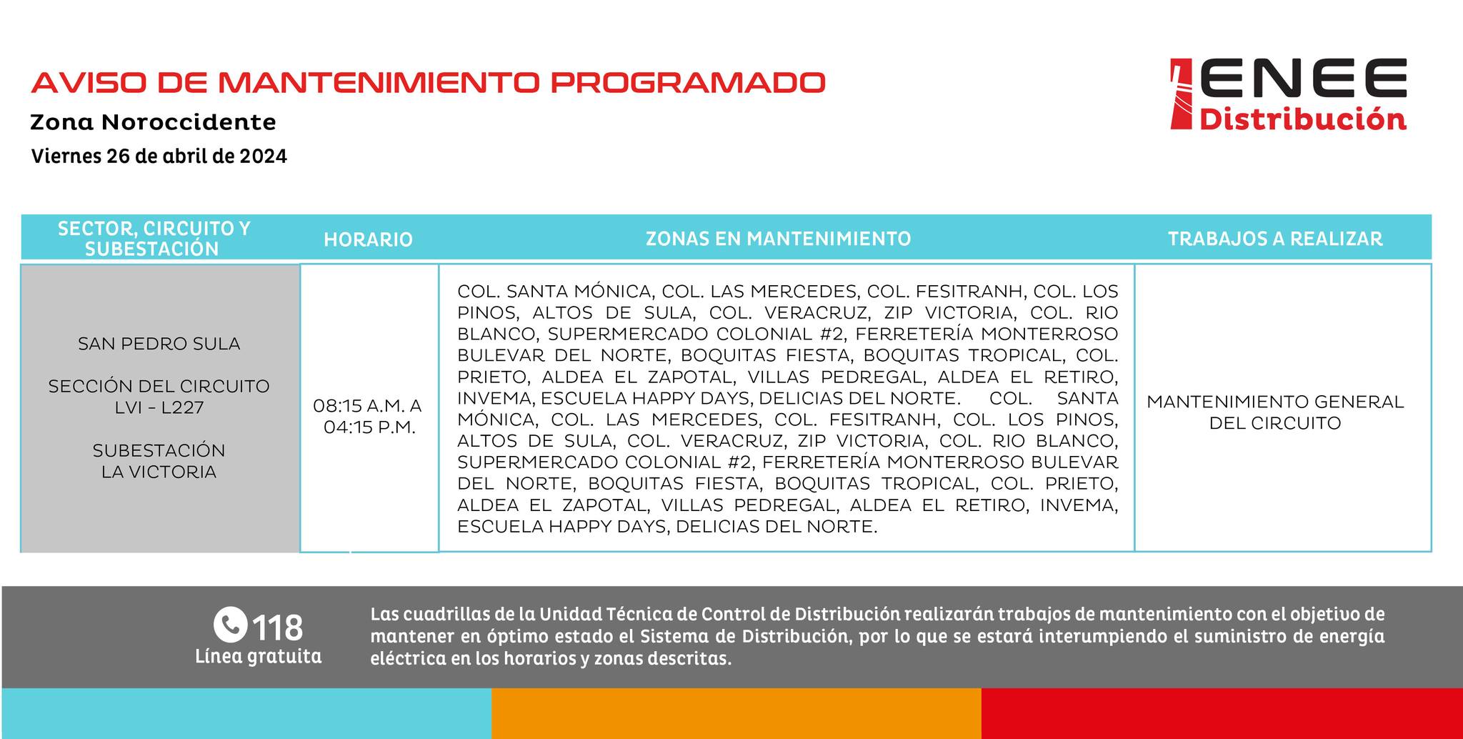 Cortes de energía eléctrica programados para mañana en San Pedro Sula. Foto: UTCD