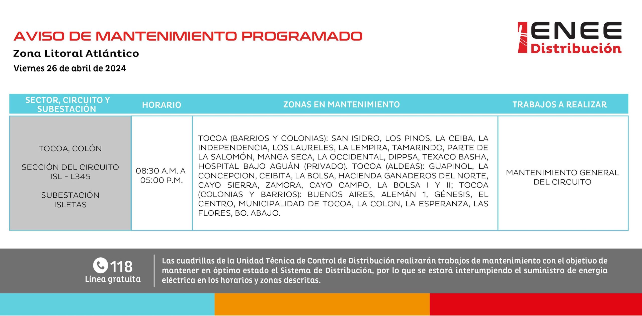 Cortes de energía eléctrica programados para mañana en Tocoa. Foto: UTCD
