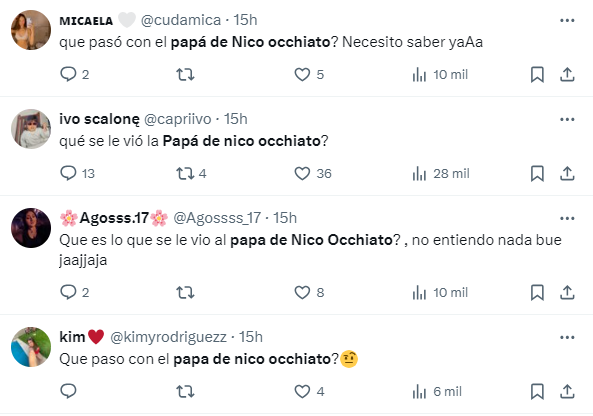 Comentarios en X de cuatro usuarios consultando lo que le pasó al padre de Nico