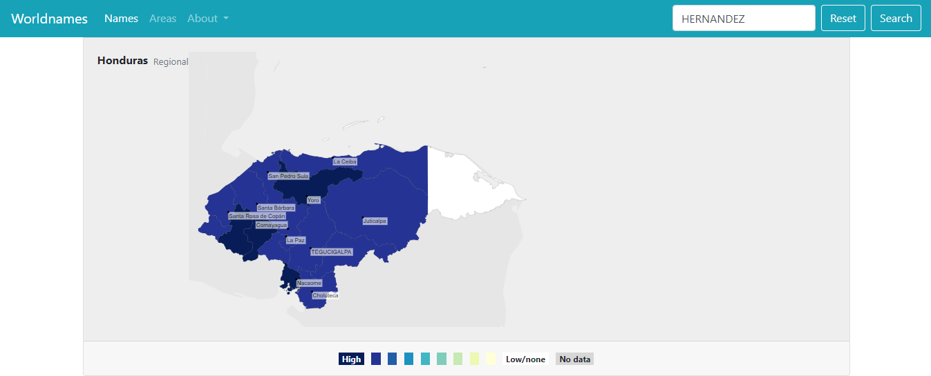 Mapa de apellidos en Honduras. Foto: Worldnames
