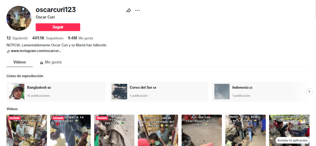 Perfil de Oscar Curi en TikTok, donde se lee en la descripción 'NOTICIA: lamentablemente Oscar Curi y su madre han fallecido'