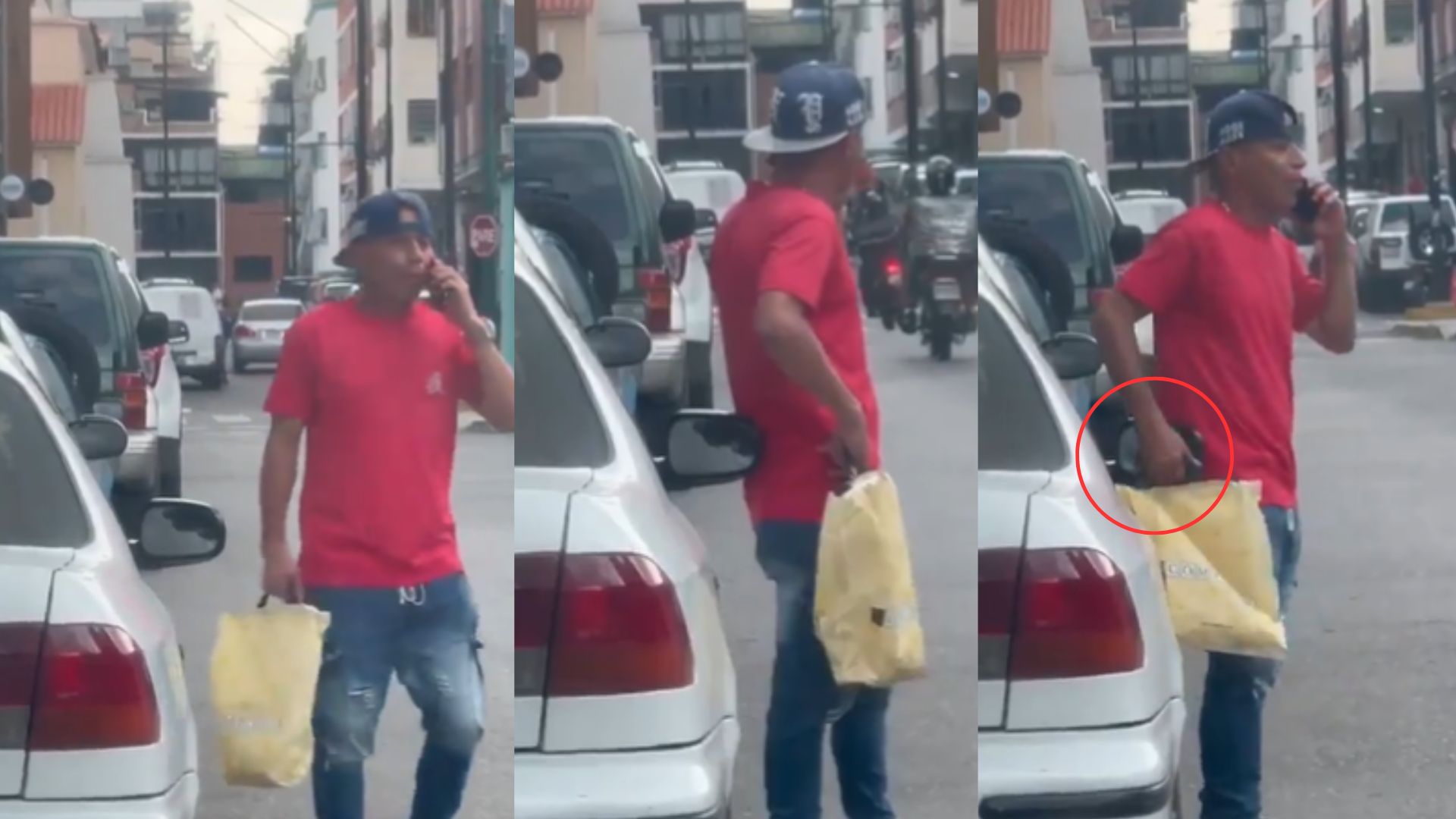 Captan a hombre fingiendo hablar por teléfono mientras roba retrovisor de un auto